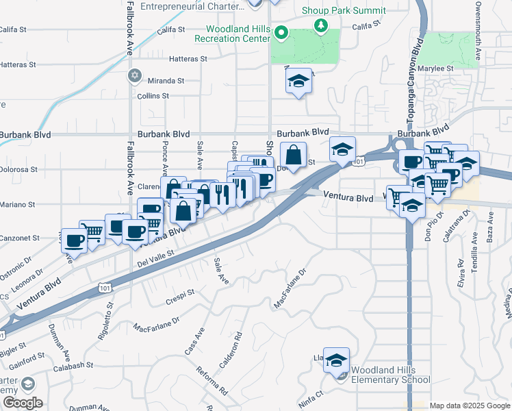 map of restaurants, bars, coffee shops, grocery stores, and more near 22430 Ventura Boulevard in Los Angeles