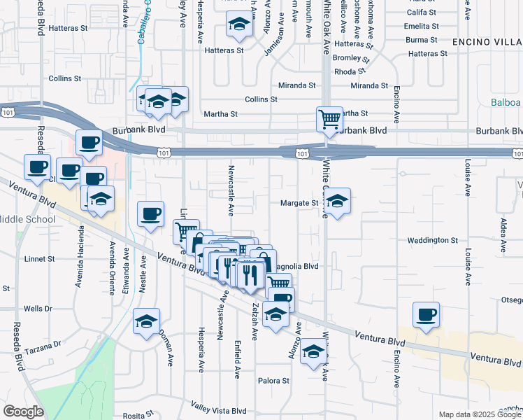 map of restaurants, bars, coffee shops, grocery stores, and more near 5401 Zelzah Avenue in Los Angeles