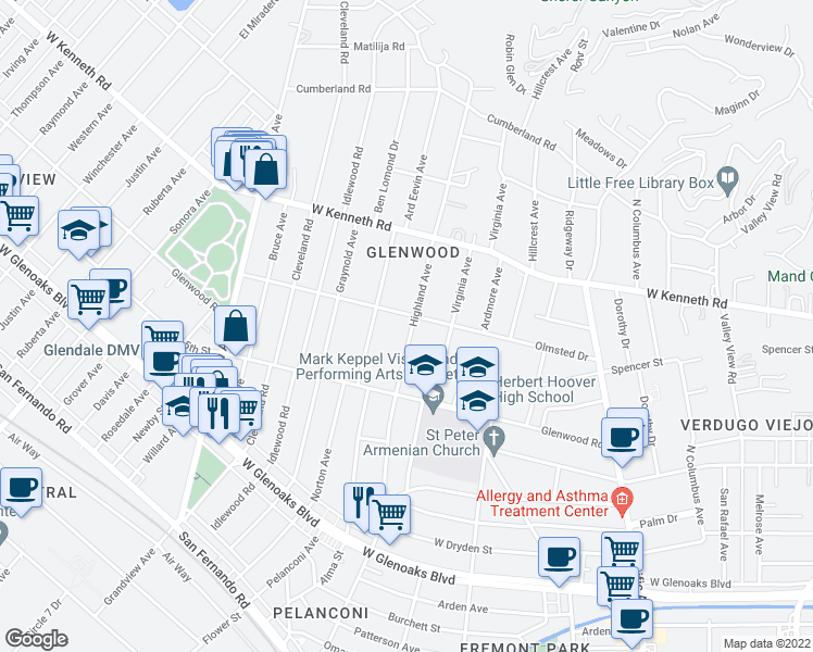 map of restaurants, bars, coffee shops, grocery stores, and more near 1361 Highland Avenue in Glendale
