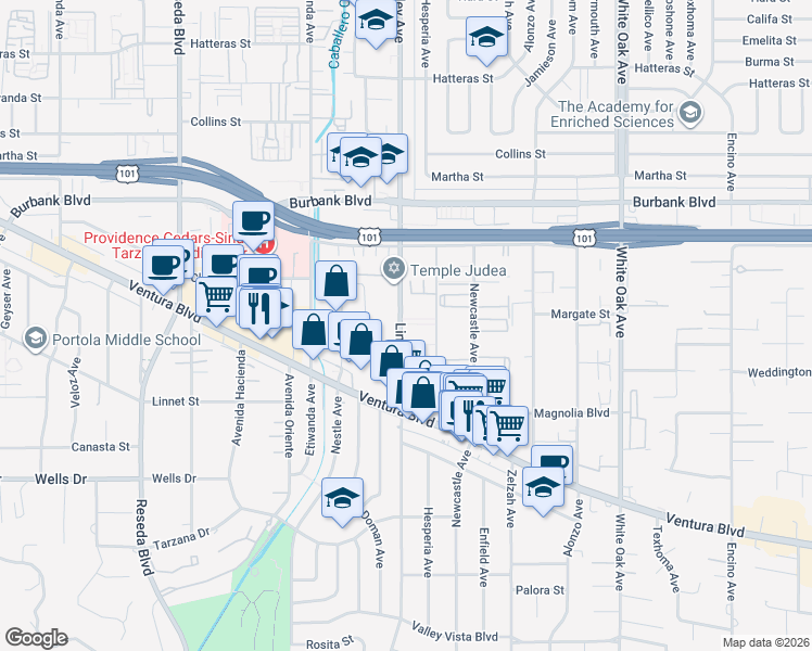 map of restaurants, bars, coffee shops, grocery stores, and more near 5354 Lindley Avenue in Los Angeles