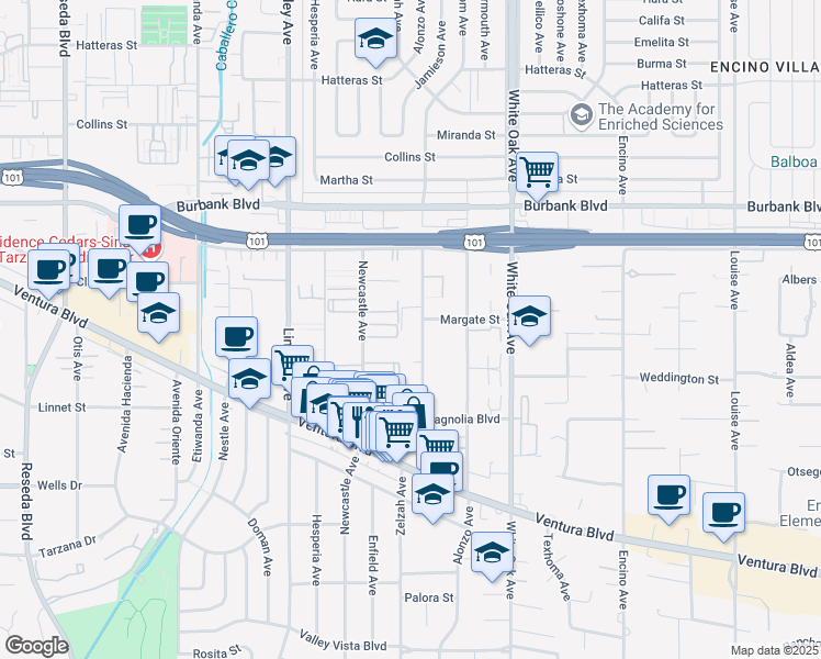 map of restaurants, bars, coffee shops, grocery stores, and more near 5333 Zelzah Avenue in Los Angeles