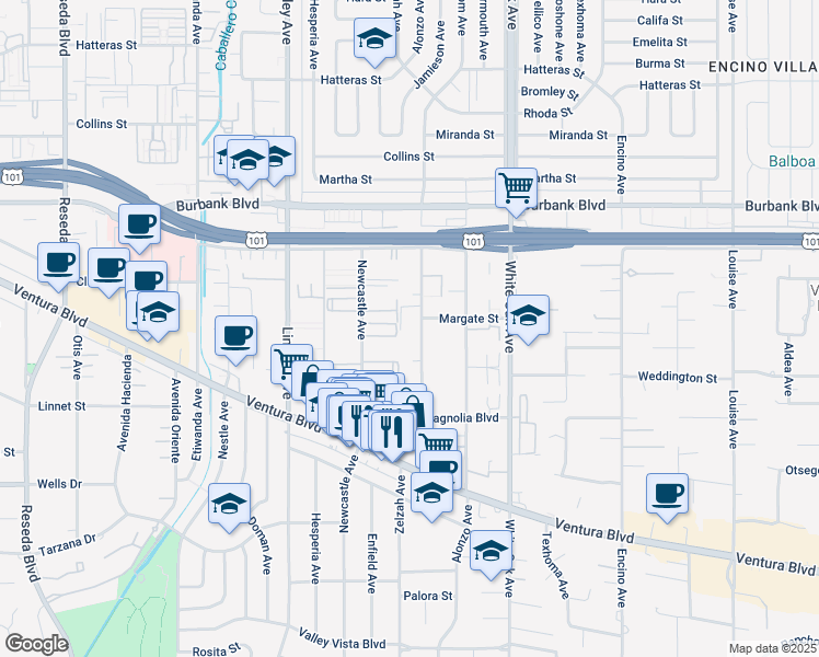 map of restaurants, bars, coffee shops, grocery stores, and more near 5401 Zelzah Avenue in Los Angeles