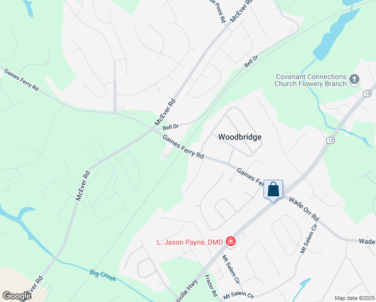 map of restaurants, bars, coffee shops, grocery stores, and more near 6169 Gaines Ferry Road in Flowery Branch