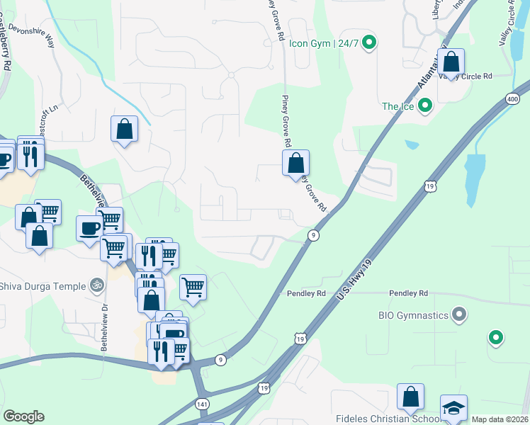 map of restaurants, bars, coffee shops, grocery stores, and more near 2160 Highland Gate Drive in Cumming