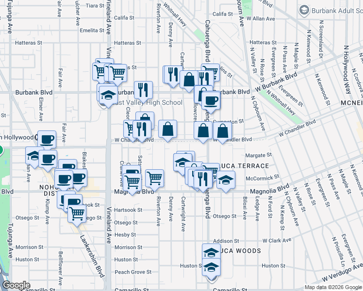 map of restaurants, bars, coffee shops, grocery stores, and more near 5355 Cartwright Avenue in Los Angeles