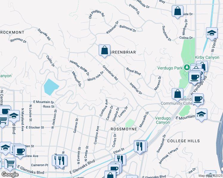 map of restaurants, bars, coffee shops, grocery stores, and more near 1621 Oakengate Drive in Glendale