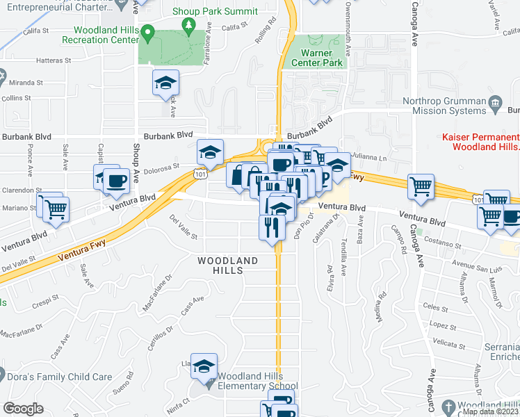 map of restaurants, bars, coffee shops, grocery stores, and more near 22011 Ventura Boulevard in Los Angeles