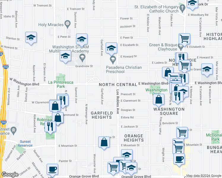 map of restaurants, bars, coffee shops, grocery stores, and more near 1300 Fay Place in Pasadena