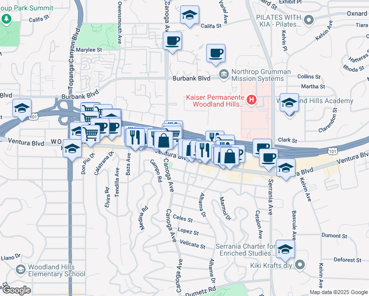 map of restaurants, bars, coffee shops, grocery stores, and more near 21301 Ventura Boulevard in Los Angeles