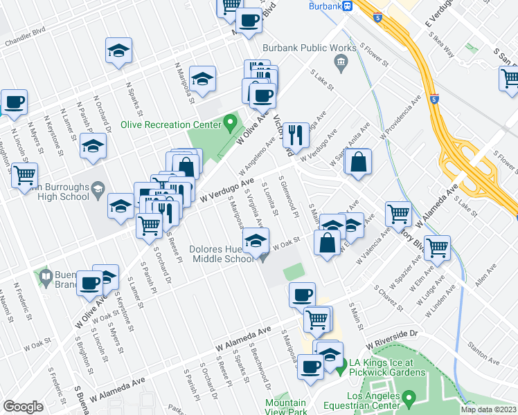 map of restaurants, bars, coffee shops, grocery stores, and more near 236 South Virginia Avenue in Burbank