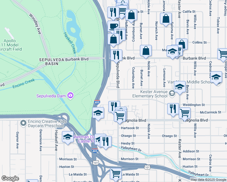 map of restaurants, bars, coffee shops, grocery stores, and more near 5345 Sepulveda Boulevard in Los Angeles