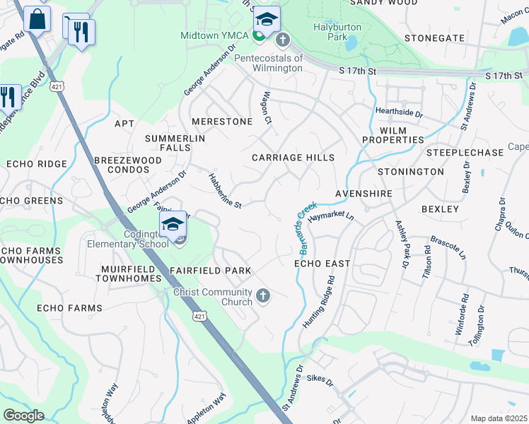 map of restaurants, bars, coffee shops, grocery stores, and more near 927 Turgotine Lane in Wilmington