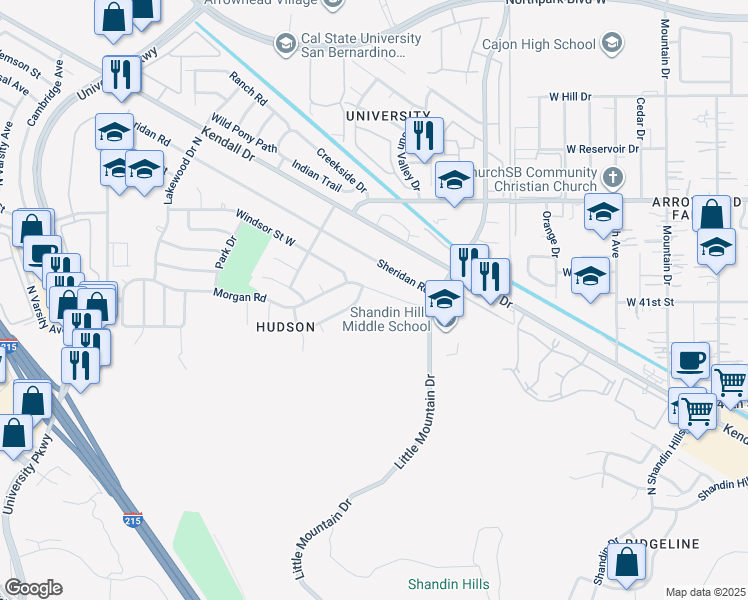 map of restaurants, bars, coffee shops, grocery stores, and more near 1439 Morgan Road in San Bernardino