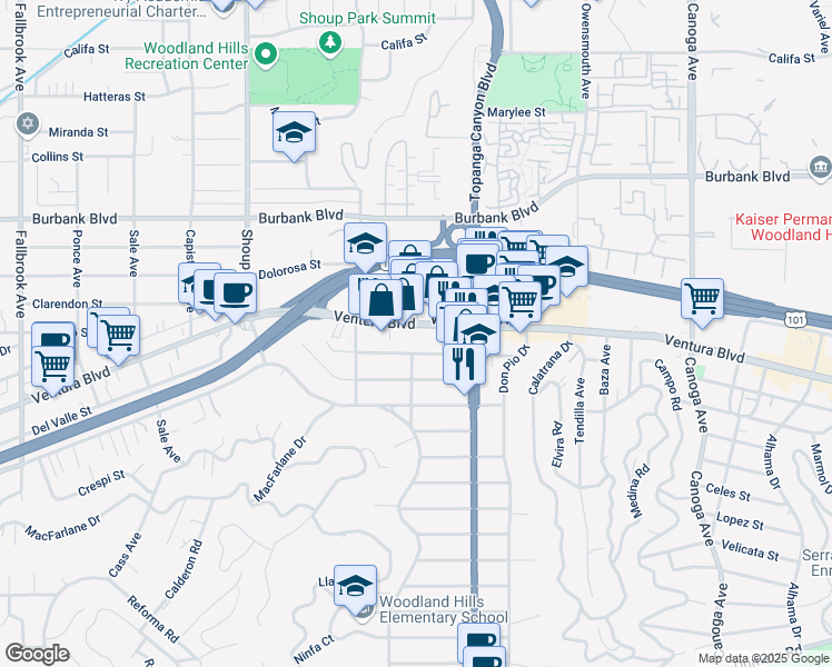 map of restaurants, bars, coffee shops, grocery stores, and more near 22055 Ventura Boulevard in Los Angeles