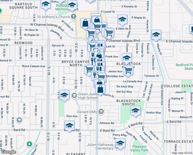 map of restaurants, bars, coffee shops, grocery stores, and more near 3451 Saviers Road in Oxnard