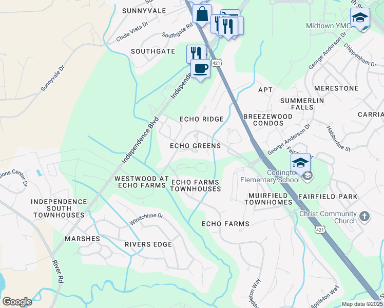 map of restaurants, bars, coffee shops, grocery stores, and more near 3972 Echo Farms Boulevard in Wilmington