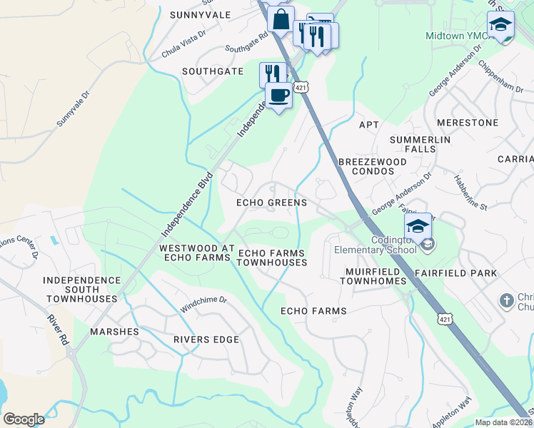 map of restaurants, bars, coffee shops, grocery stores, and more near 3972 Echo Farms Boulevard in Wilmington