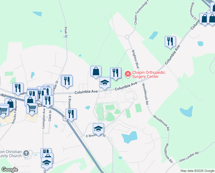 map of restaurants, bars, coffee shops, grocery stores, and more near 1002 Columbia Avenue in Chapin