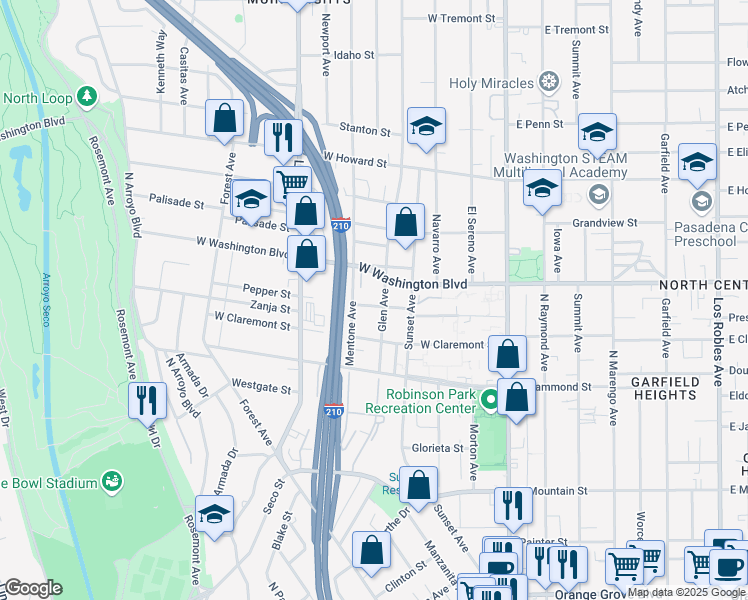 map of restaurants, bars, coffee shops, grocery stores, and more near 273 Pepper Street in Pasadena