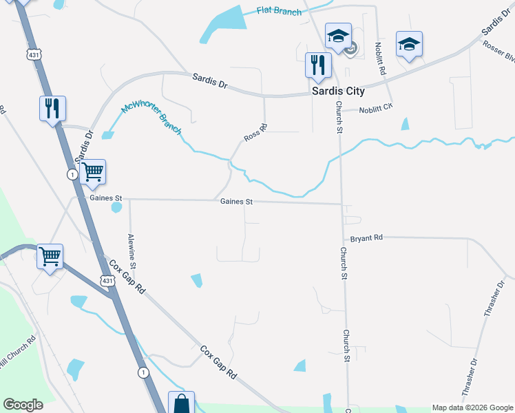 map of restaurants, bars, coffee shops, grocery stores, and more near 35 Gains Circle in Boaz