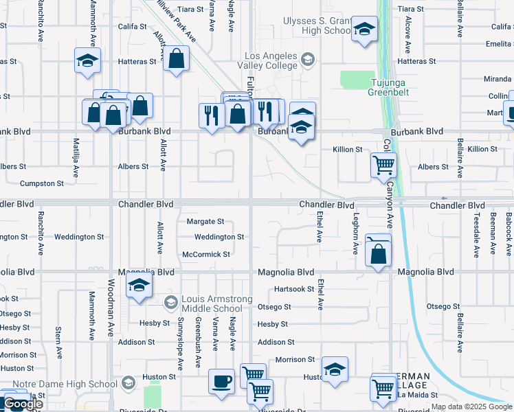 map of restaurants, bars, coffee shops, grocery stores, and more near 13248 Chandler Boulevard in Los Angeles