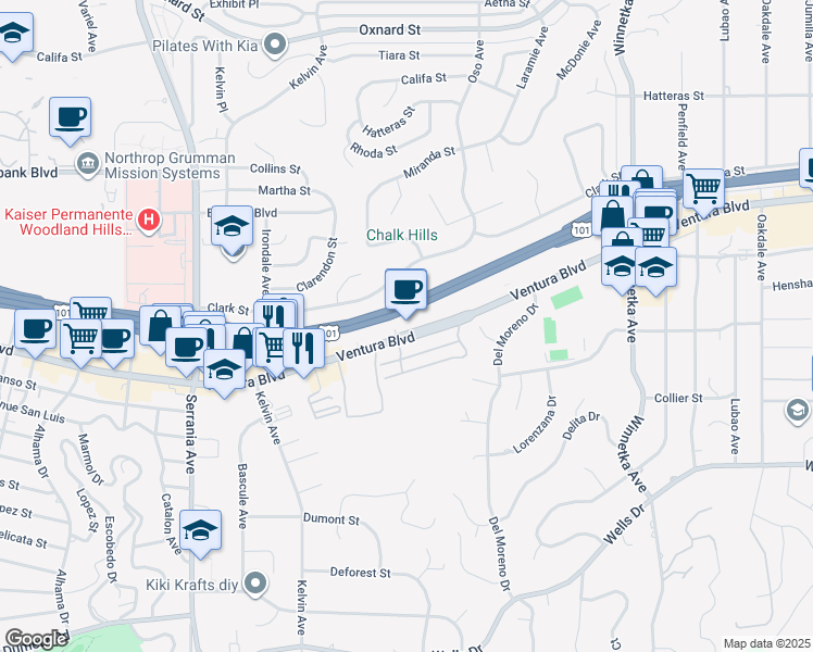 map of restaurants, bars, coffee shops, grocery stores, and more near 20501 Ventura Boulevard in Los Angeles