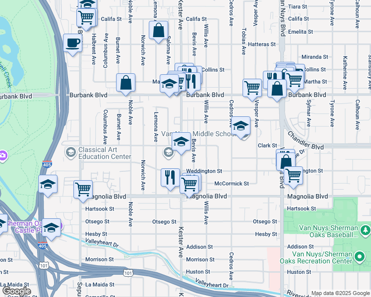 map of restaurants, bars, coffee shops, grocery stores, and more near 5401 Bevis Avenue in Los Angeles