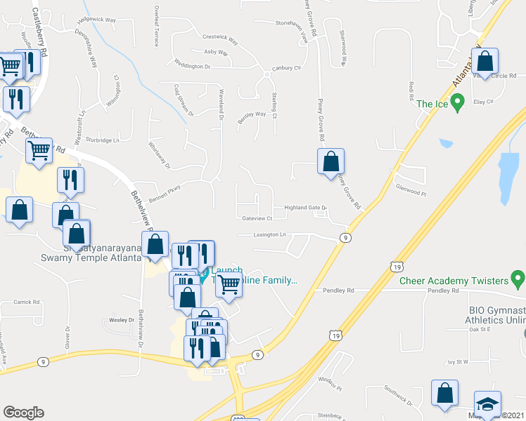 map of restaurants, bars, coffee shops, grocery stores, and more near 2530 Cottage View Way in Cumming