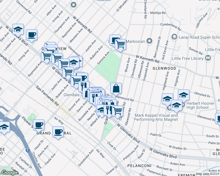 map of restaurants, bars, coffee shops, grocery stores, and more near 1166 Rosedale Avenue in Glendale
