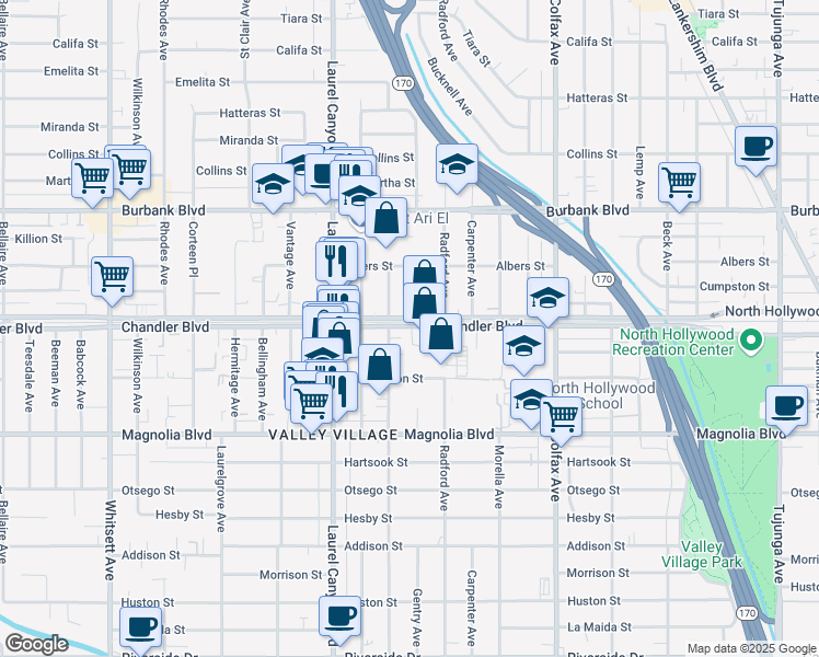 map of restaurants, bars, coffee shops, grocery stores, and more near 11936 Chandler Boulevard in Los Angeles