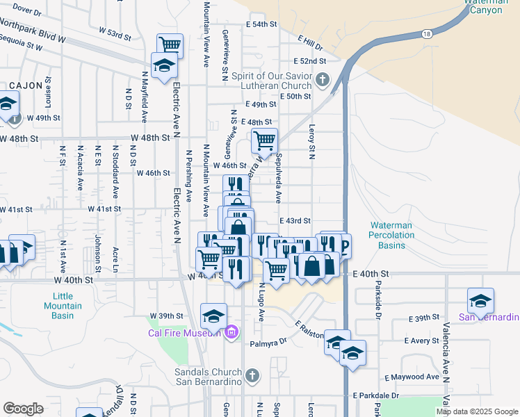 map of restaurants, bars, coffee shops, grocery stores, and more near 175 East 44th Street in San Bernardino
