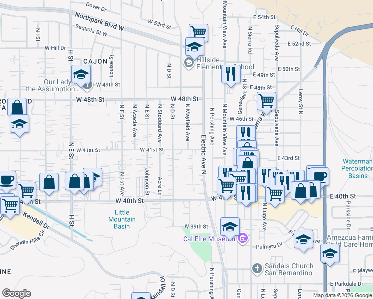 map of restaurants, bars, coffee shops, grocery stores, and more near 370 West 41st Street in San Bernardino