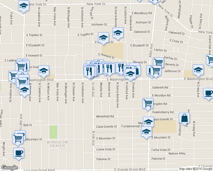map of restaurants, bars, coffee shops, grocery stores, and more near 1287 1/2 Bresee Avenue in Pasadena