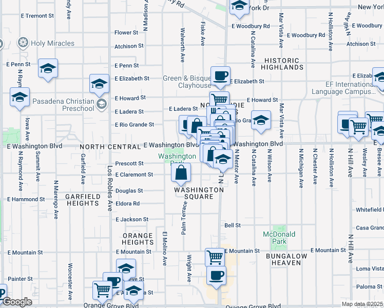 map of restaurants, bars, coffee shops, grocery stores, and more near in Pasadena