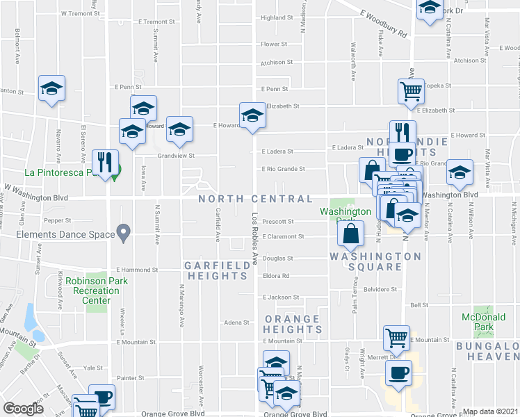 map of restaurants, bars, coffee shops, grocery stores, and more near in Pasadena