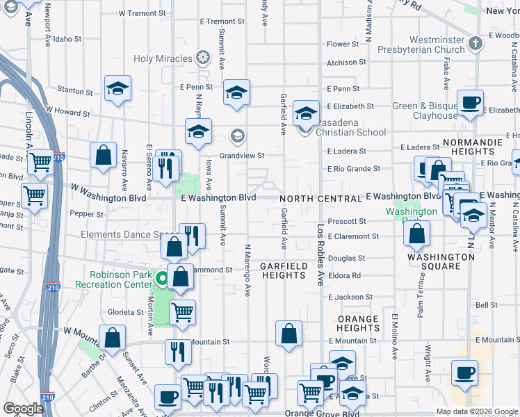 map of restaurants, bars, coffee shops, grocery stores, and more near 1318 North Marengo Avenue in Pasadena