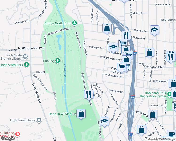 map of restaurants, bars, coffee shops, grocery stores, and more near 1240 North Arroyo Boulevard in Pasadena