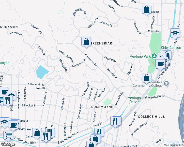 map of restaurants, bars, coffee shops, grocery stores, and more near 1621 Oakengate Drive in Glendale