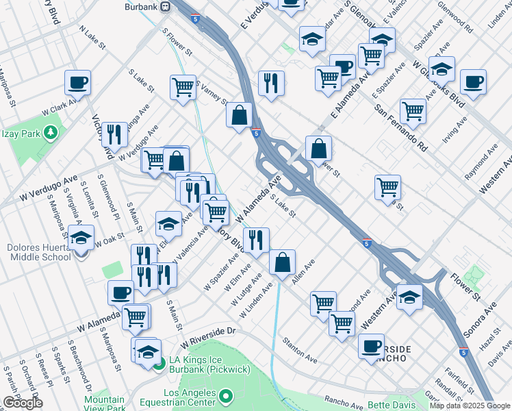 map of restaurants, bars, coffee shops, grocery stores, and more near 225 West Alameda Avenue in Burbank