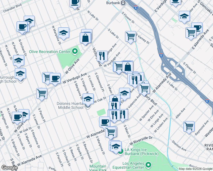map of restaurants, bars, coffee shops, grocery stores, and more near 521 South Main Street in Burbank