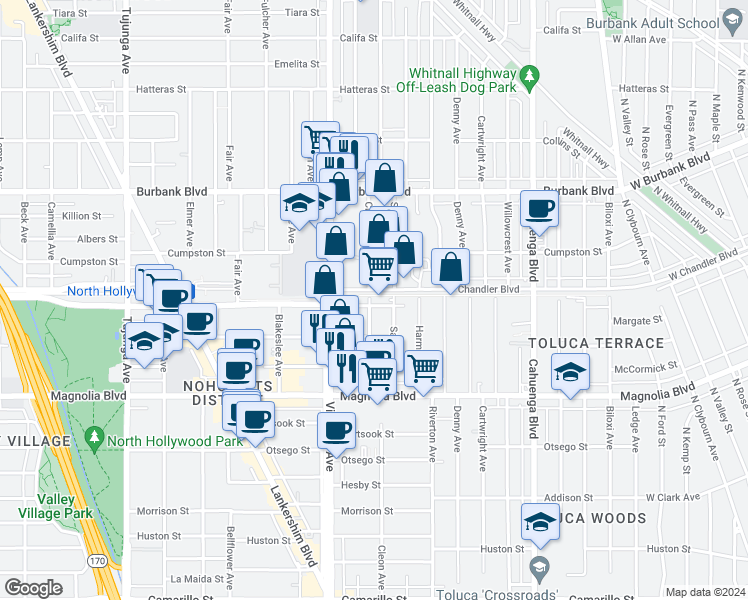 map of restaurants, bars, coffee shops, grocery stores, and more near 10866 Chandler Boulevard in Los Angeles