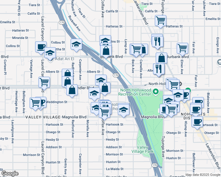 map of restaurants, bars, coffee shops, grocery stores, and more near 11644 Chandler Boulevard in Los Angeles
