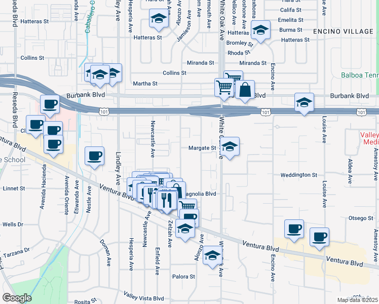 map of restaurants, bars, coffee shops, grocery stores, and more near 5353 Yarmouth Avenue in Los Angeles