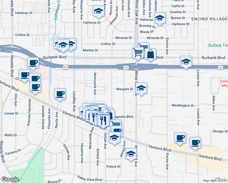 map of restaurants, bars, coffee shops, grocery stores, and more near 5353 Yarmouth Avenue in Los Angeles