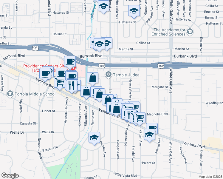 map of restaurants, bars, coffee shops, grocery stores, and more near 5354 Lindley Avenue in Los Angeles