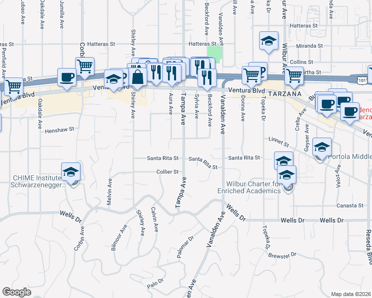 map of restaurants, bars, coffee shops, grocery stores, and more near 5349 Tampa Avenue in Los Angeles