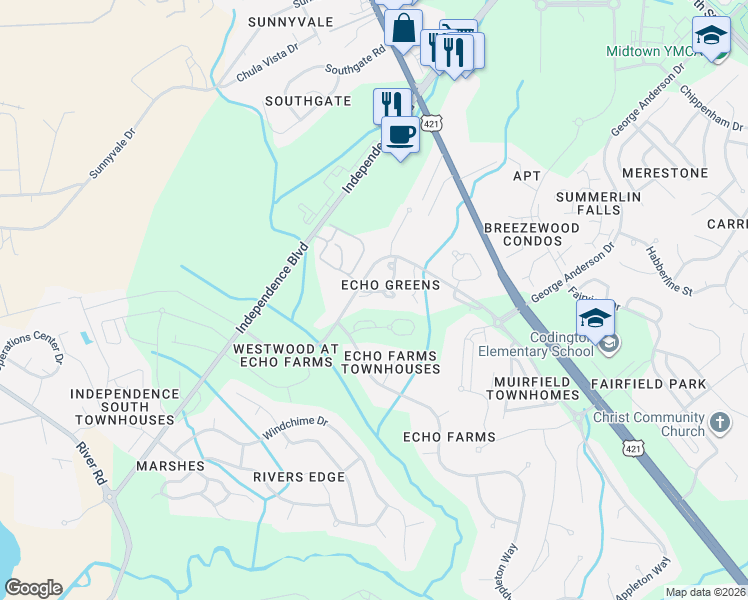 map of restaurants, bars, coffee shops, grocery stores, and more near 3972 Echo Farms Boulevard in Wilmington