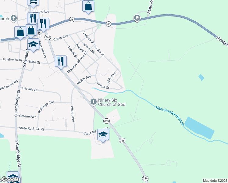 map of restaurants, bars, coffee shops, grocery stores, and more near 404 Sirrine Street in Ninety Six
