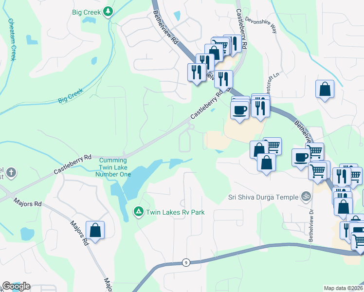 map of restaurants, bars, coffee shops, grocery stores, and more near 5955 Redstone Way in Cumming