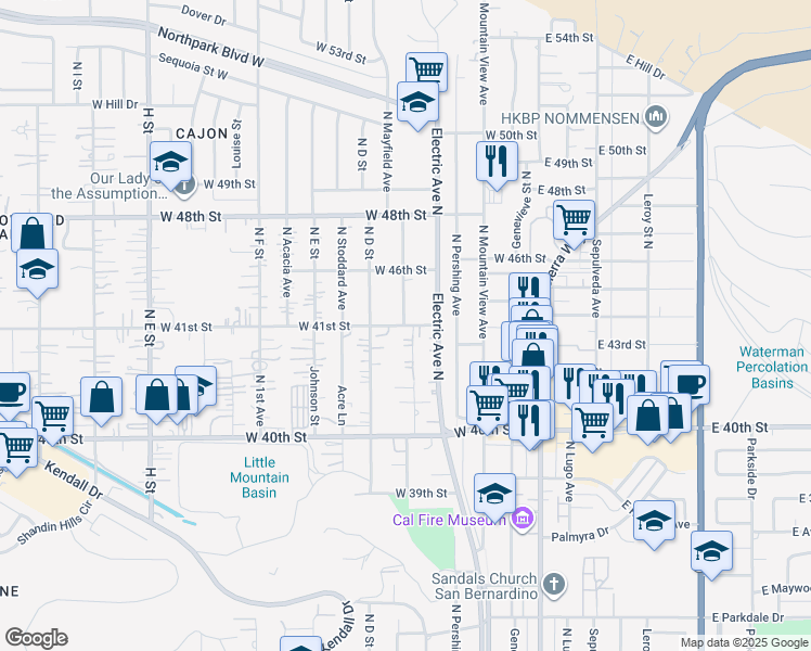 map of restaurants, bars, coffee shops, grocery stores, and more near 347 West 44th Street in San Bernardino